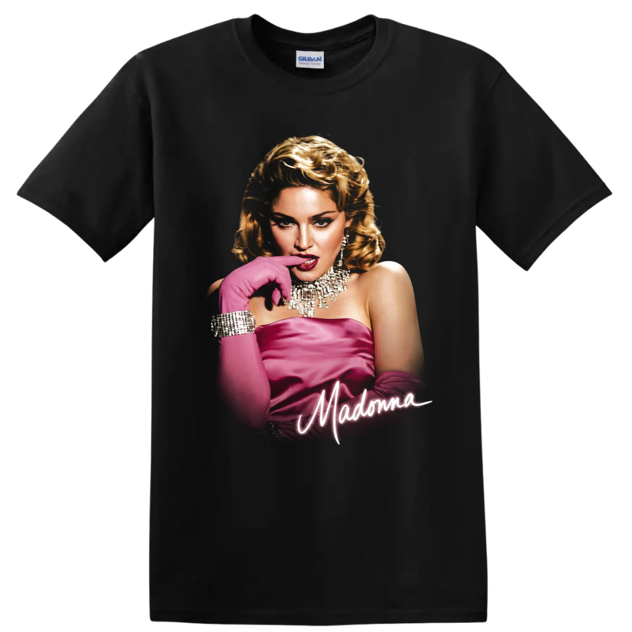 Madonna Material Girl era pink glamour portrait with script lettering on a Black T Shirt