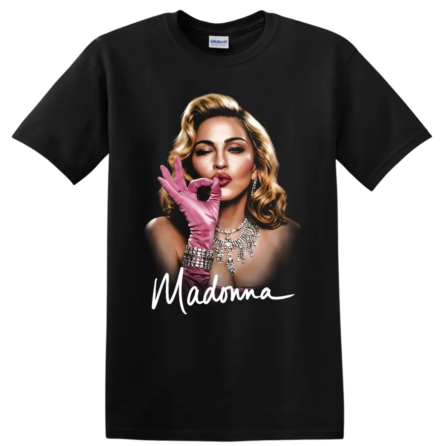 Madonna pop art portrait with pink glove and script lettering on a Black T Shirt