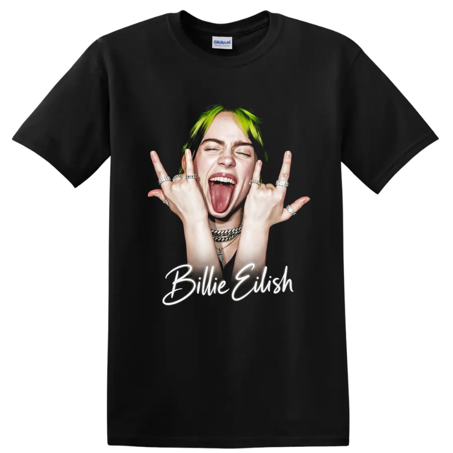 Billie Eilish neon pop art portrait with glowing script lettering on a Black T Shirt