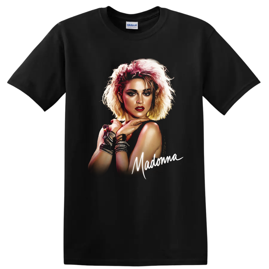Madonna Like a Virgin pop art portrait with handwritten Madonna lettering on a Black T Shirt