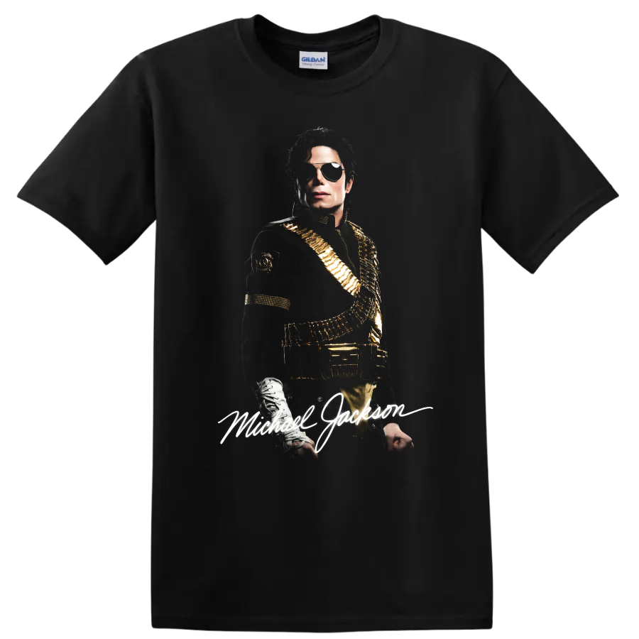 Michael Jackson Dangerous era portrait graphic with signature lettering on a Black T Shirt