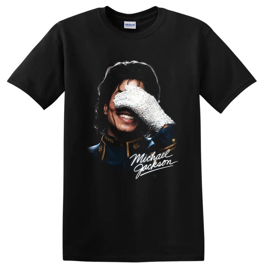 Michael Jackson portrait with signature glove and white script graphic on a Black T Shirt