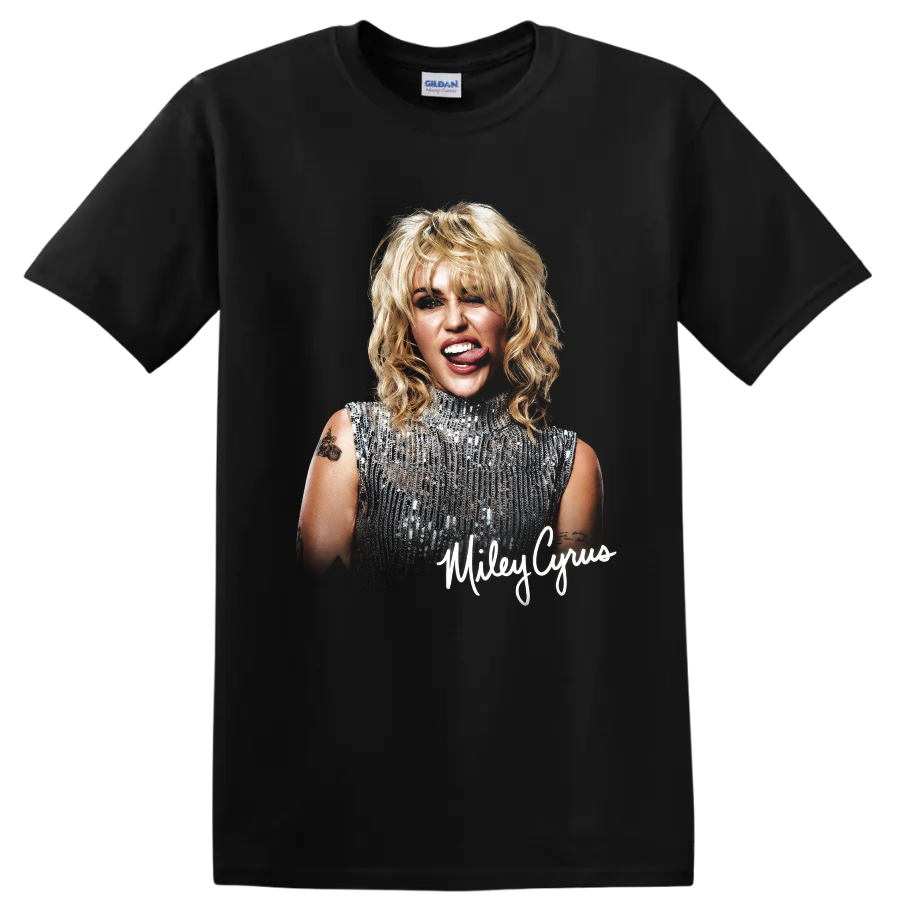 Miley Cyrus portrait with silver sequin top and signature-style name on a Black T Shirt
