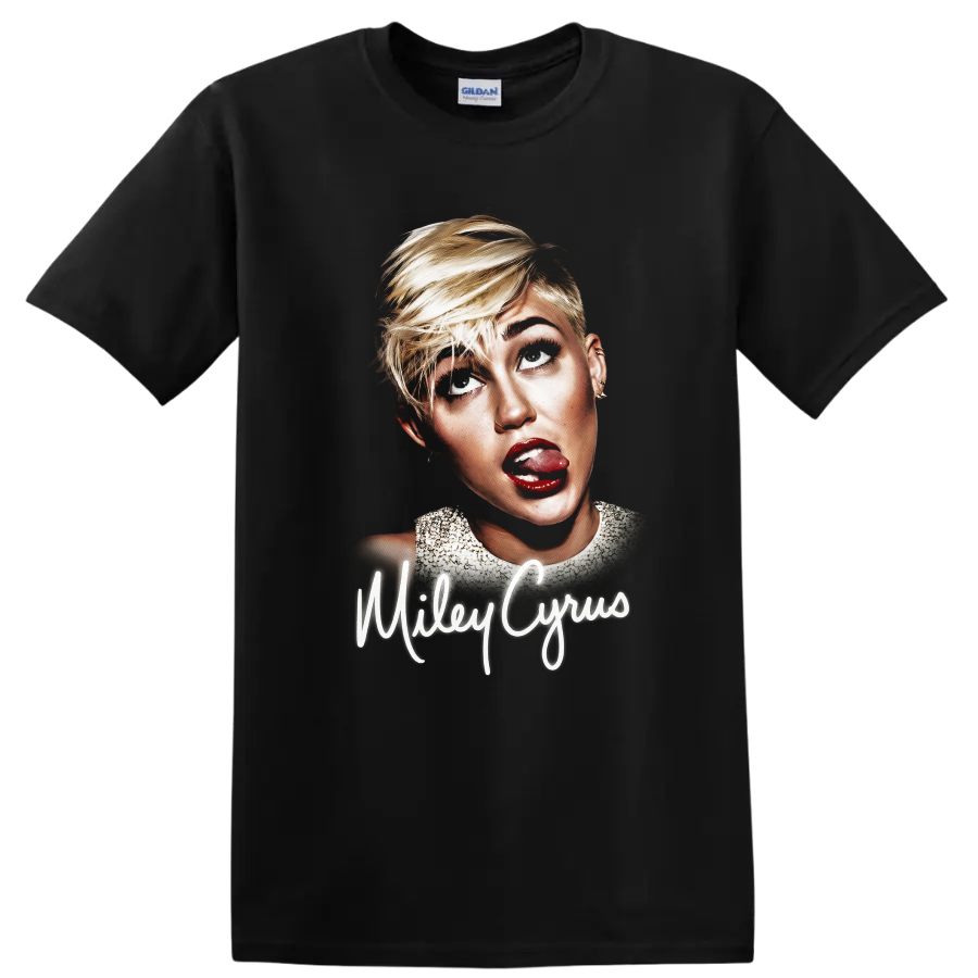 Miley Cyrus Bangerz-era portrait graphic with script name on a Black T Shirt