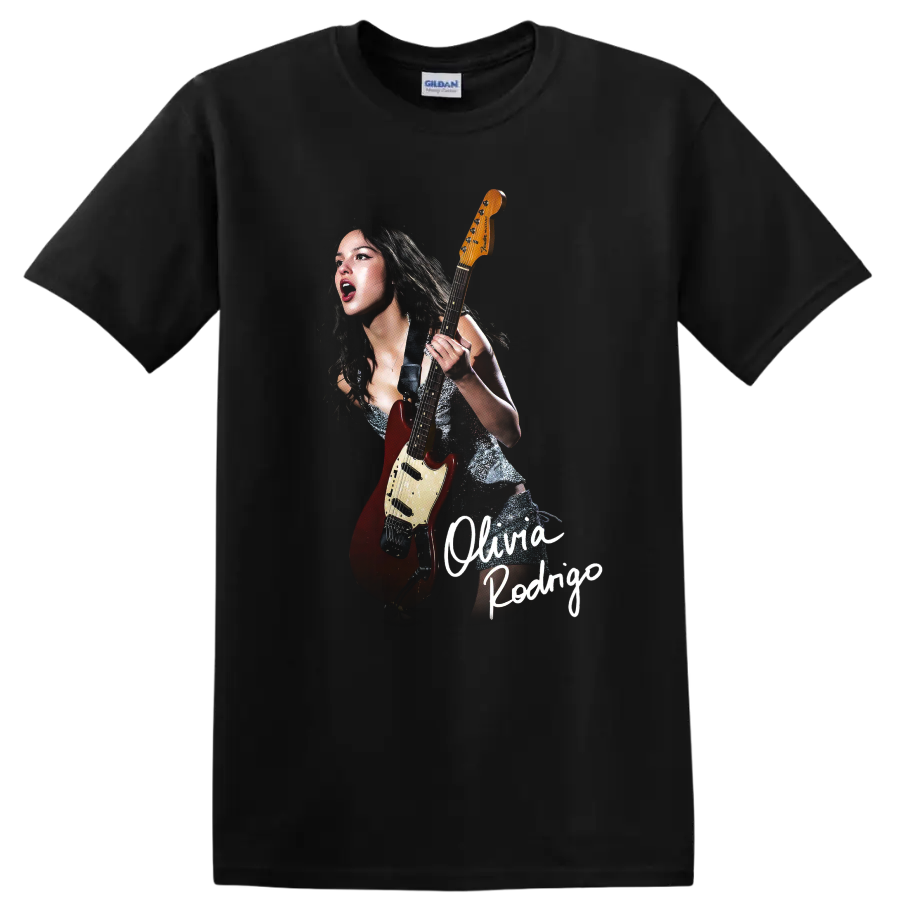 Olivia Rodrigo performing with red electric guitar and handwritten name design on a Black T Shirt
