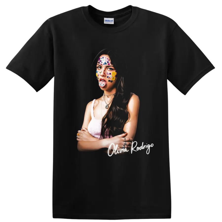 Olivia Rodrigo colorful SOUR-inspired portrait graphic with sticker details on a Black T Shirt