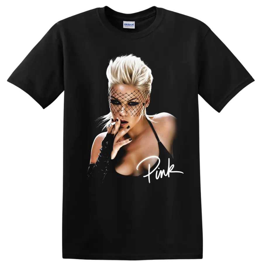 P!nk pop star portrait with aerial performer styling on a Black T Shirt
