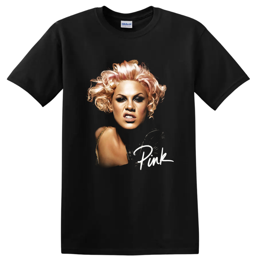 P!nk comic-book-style portrait with handwritten Pink script lettering on a Black T Shirt