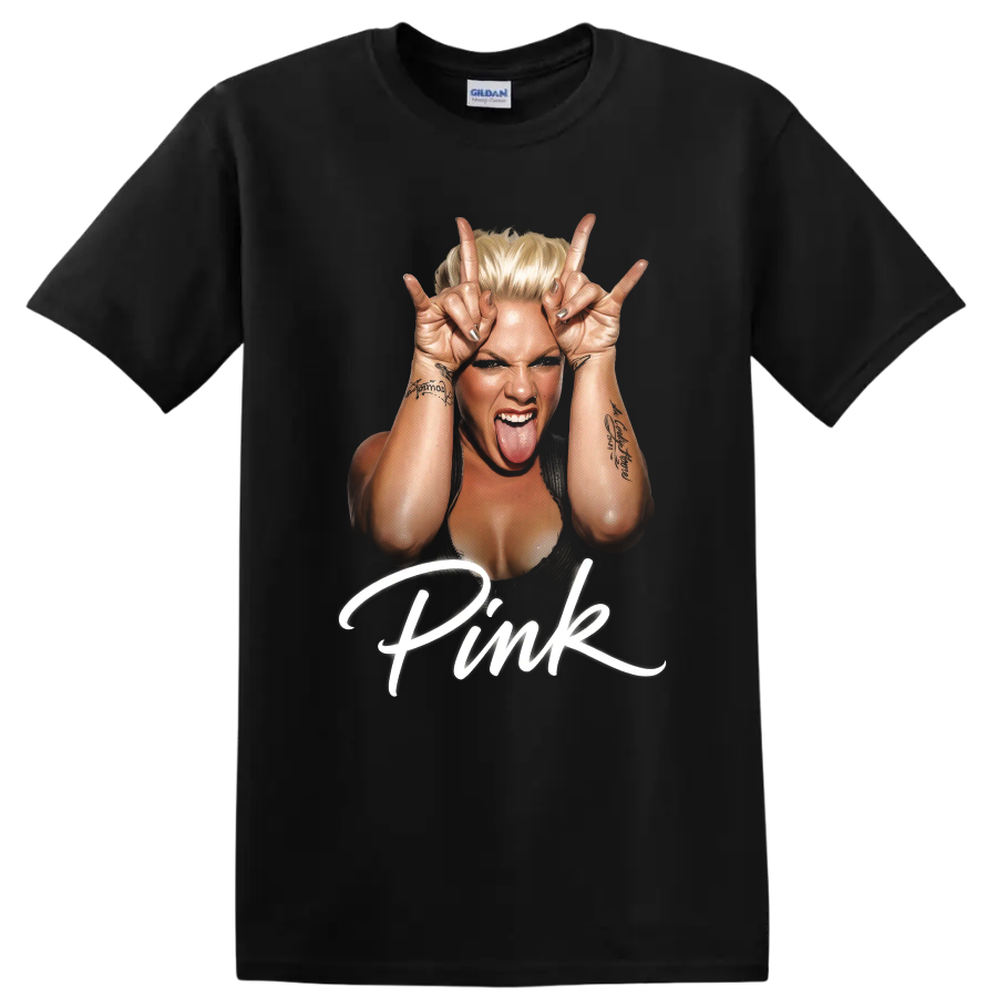 P!nk portrait graphic with raised rock hand gestures and white script on a Black T Shirt