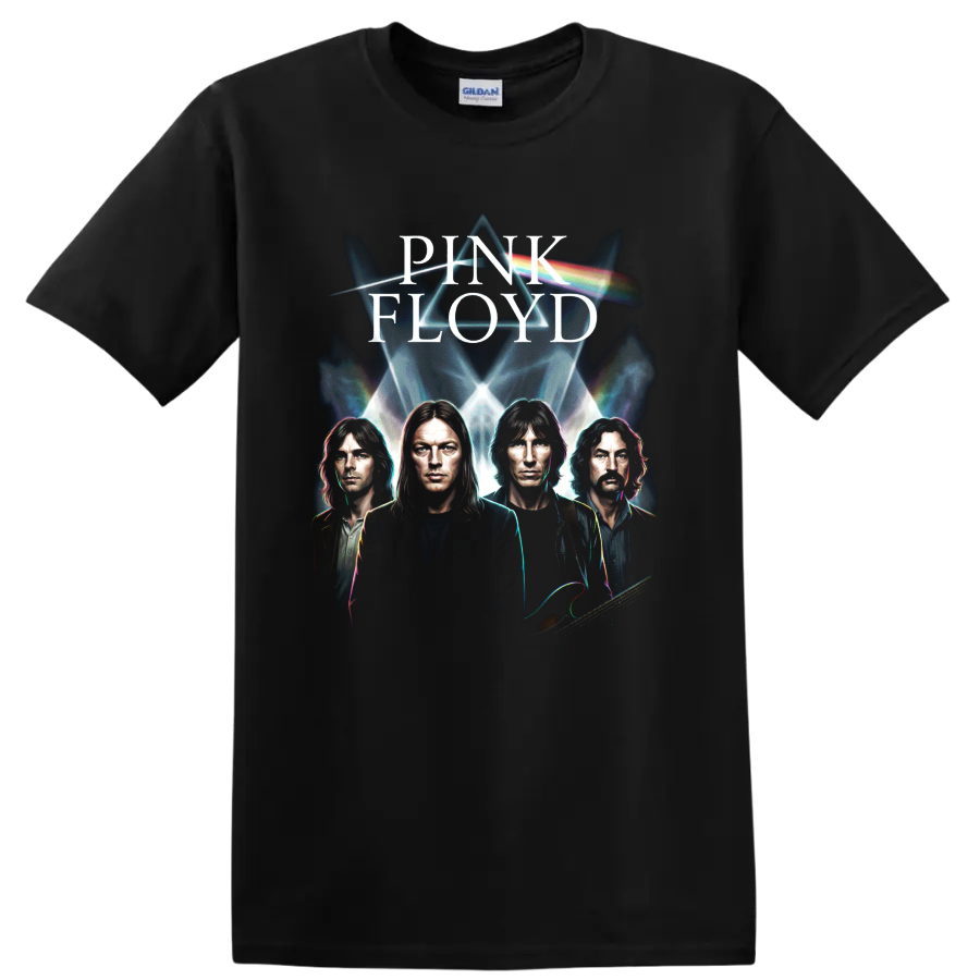 Pink Floyd Dark Side prism graphic with band portraits and rainbow light on a Black T Shirt