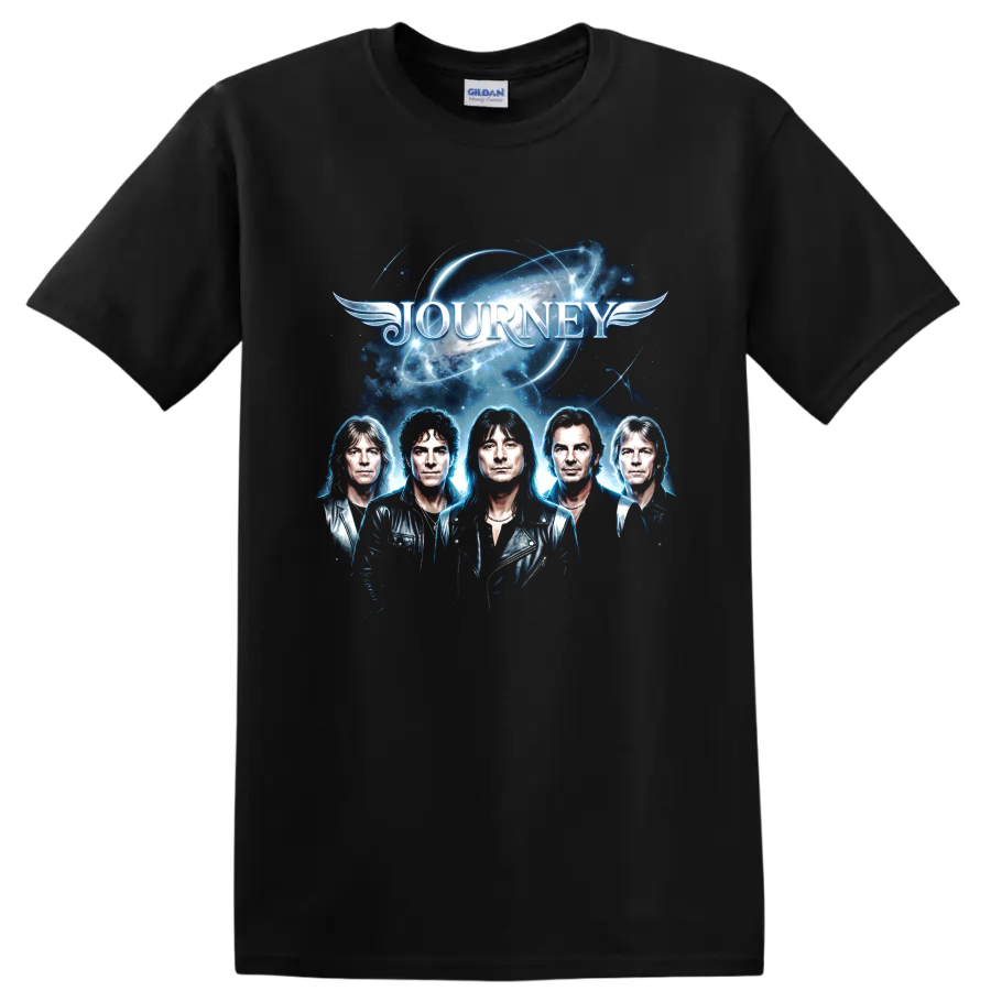 Journey classic rock band portraits with winged cosmic logo on a Black T Shirt