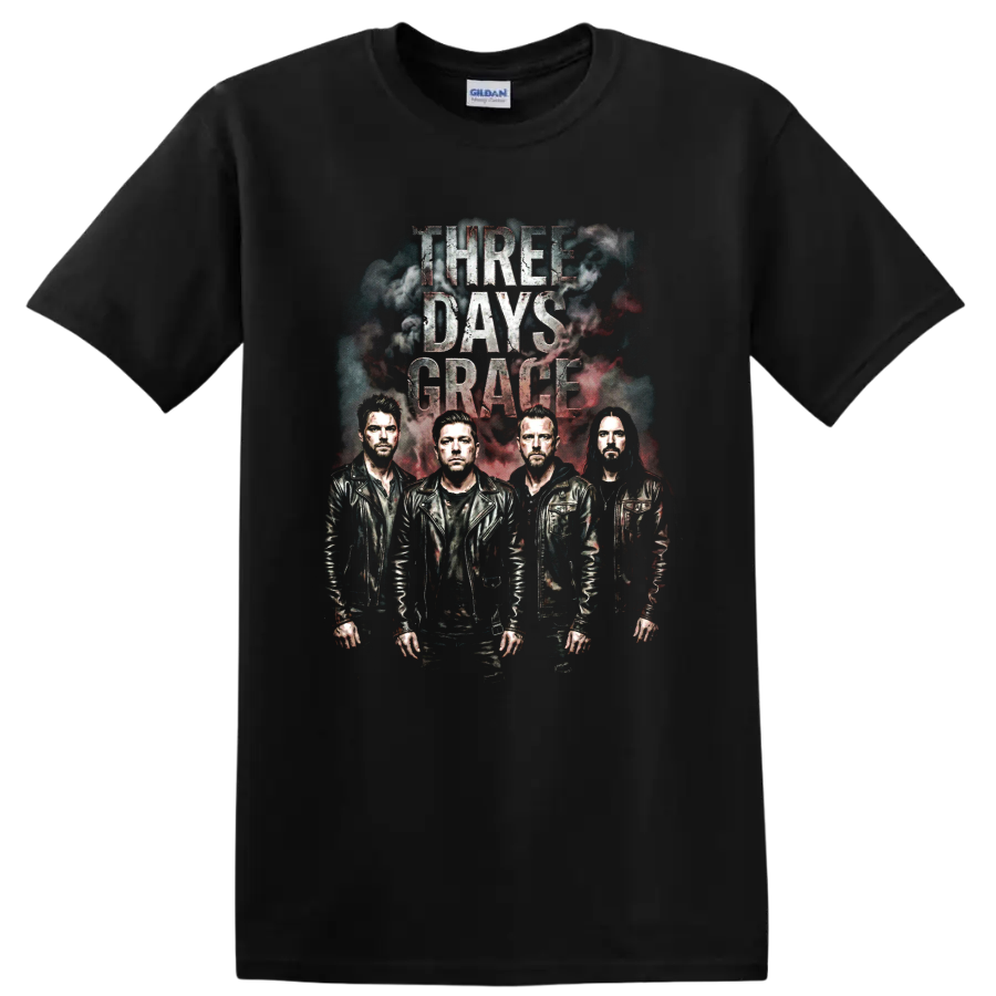 Three Days Grace vintage rock band graphic with four portraits and distressed lettering on a Black T Shirt