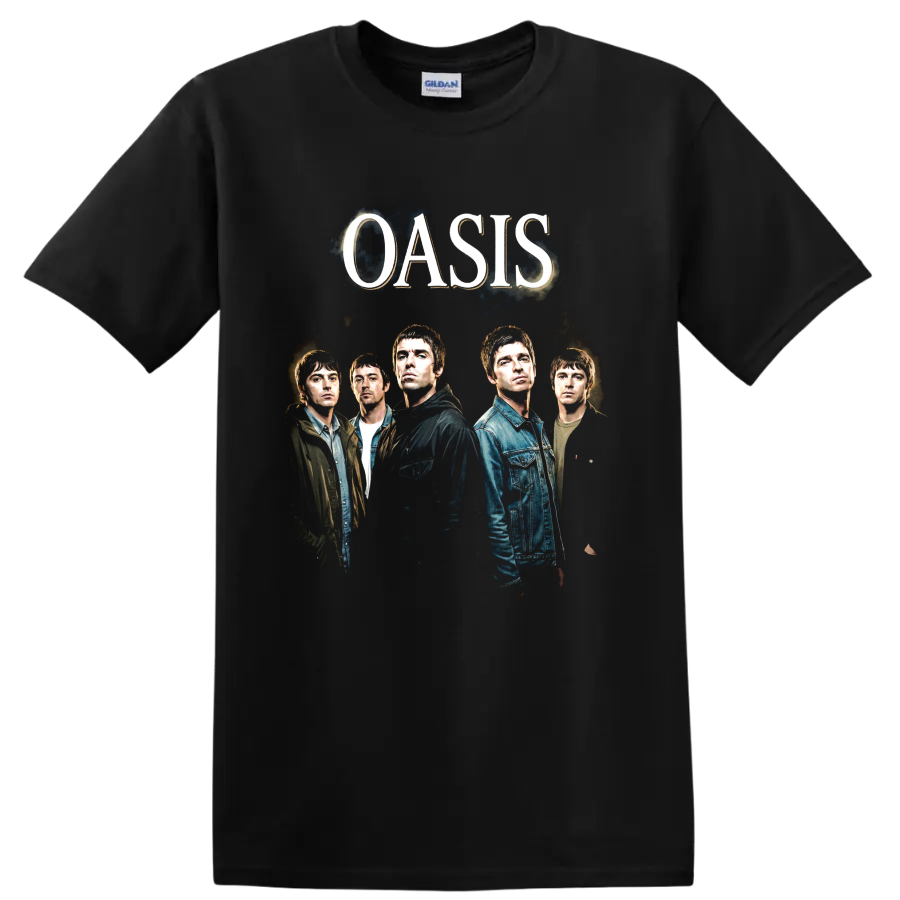 Oasis band portrait with Liam Gallagher and large OASIS lettering on a Black T Shirt