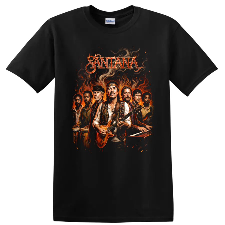 Carlos Santana and Santana Latin rock band with electric guitar and flames on a Black T Shirt