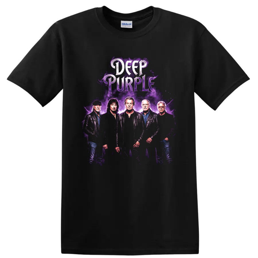 Deep Purple band poster with purple smoke and distressed lettering on a Black T Shirt