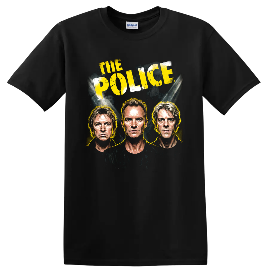 The Police distressed rock portrait graphic with Sting, Summers and Copeland on a Black T Shirt