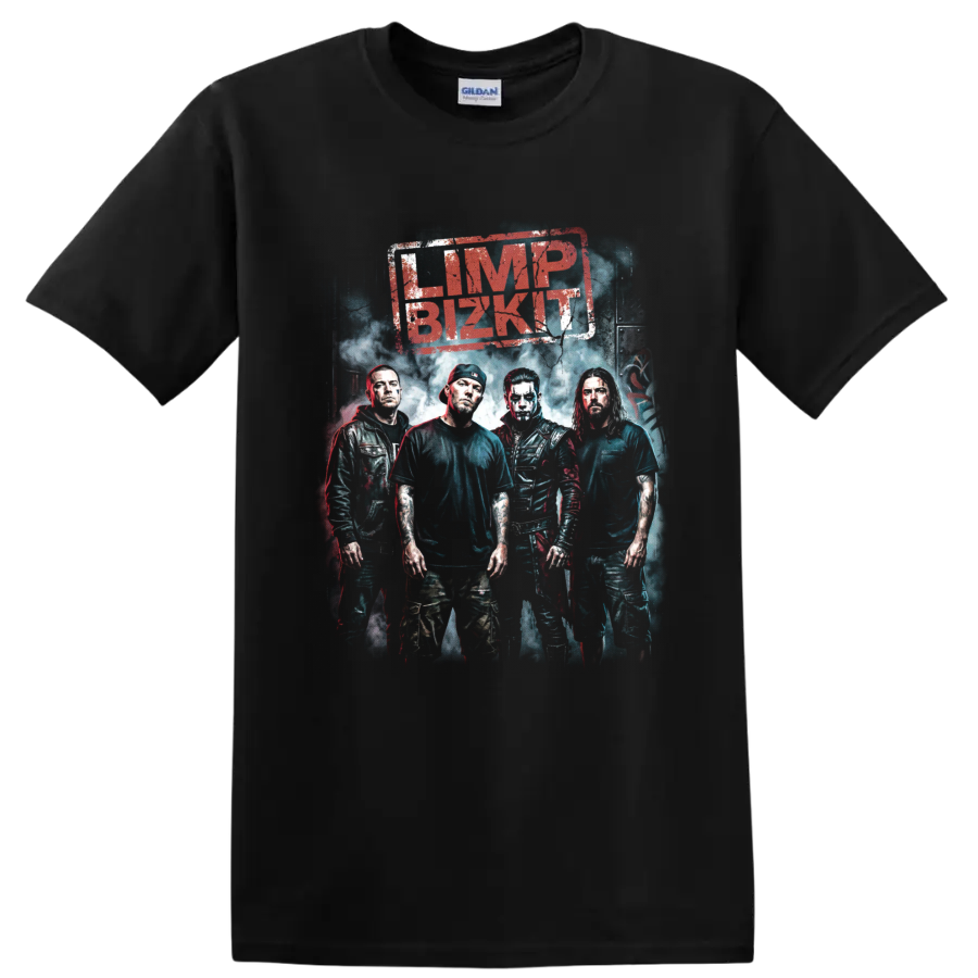 Limp Bizkit band members poster with distressed nu metal graphic lettering on a Black T Shirt