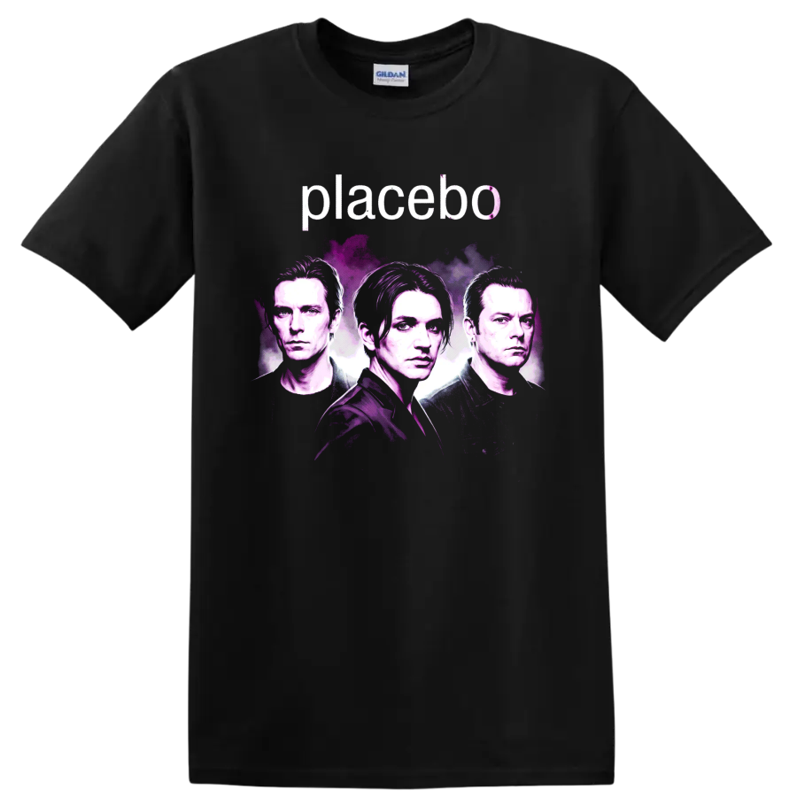 Placebo band portrait graphic with pink and purple paint-splash artwork on a Black T Shirt
