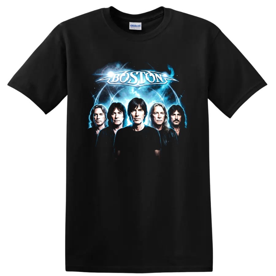 Boston rock band futuristic cosmic portrait with glowing blue energy on a Black T Shirt
