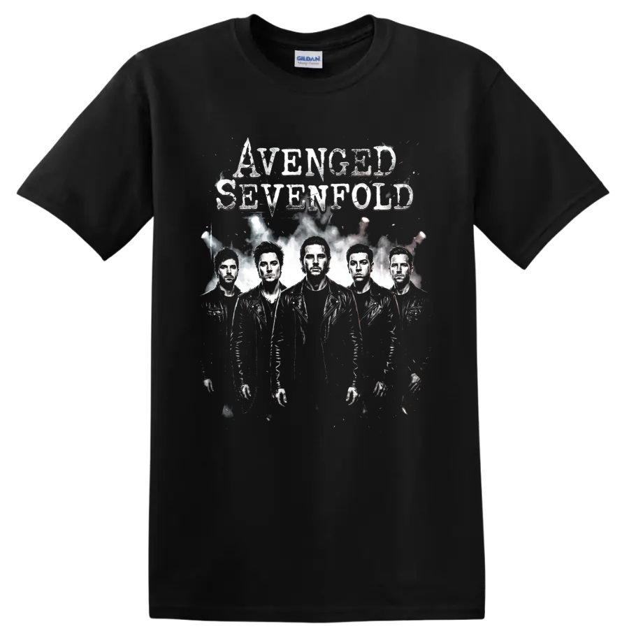 Avenged Sevenfold distressed heavy metal band portrait design on a Black T Shirt