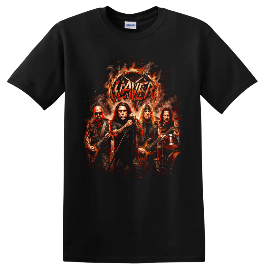 Slayer thrash metal band performing in fiery distressed graphic artwork on a Black T Shirt
