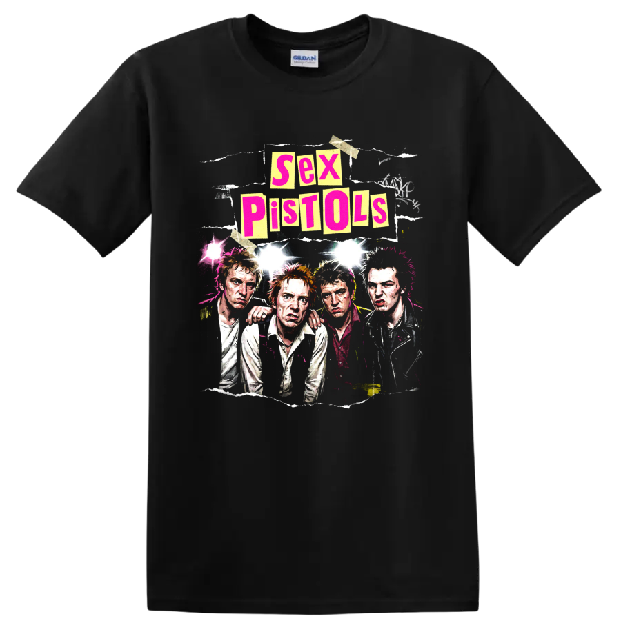 Sex Pistols punk rock band portrait collage with bold distressed lettering on a Black T Shirt