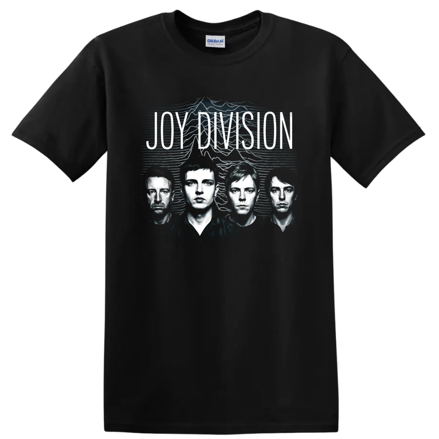 Joy Division post-punk graphic with four monochrome band portraits on a Black T Shirt