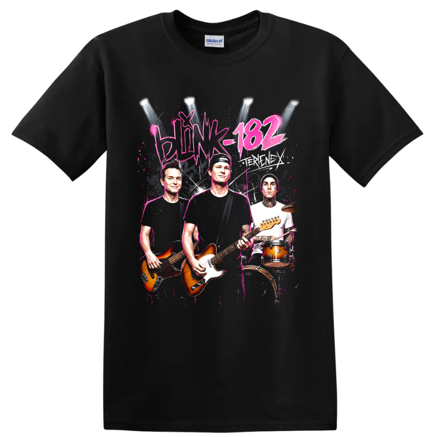 Blink-182 Tom DeLonge rock band graphic with guitars and drummer on a Black T Shirt