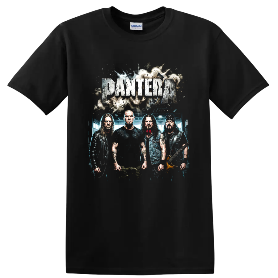Pantera heavy metal band distressed graphic with four musicians and guitar on a Black T Shirt