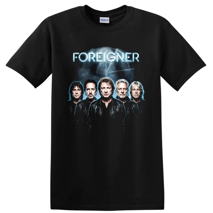 Foreigner classic rock portrait graphic with glowing blue lettering on a Black T Shirt