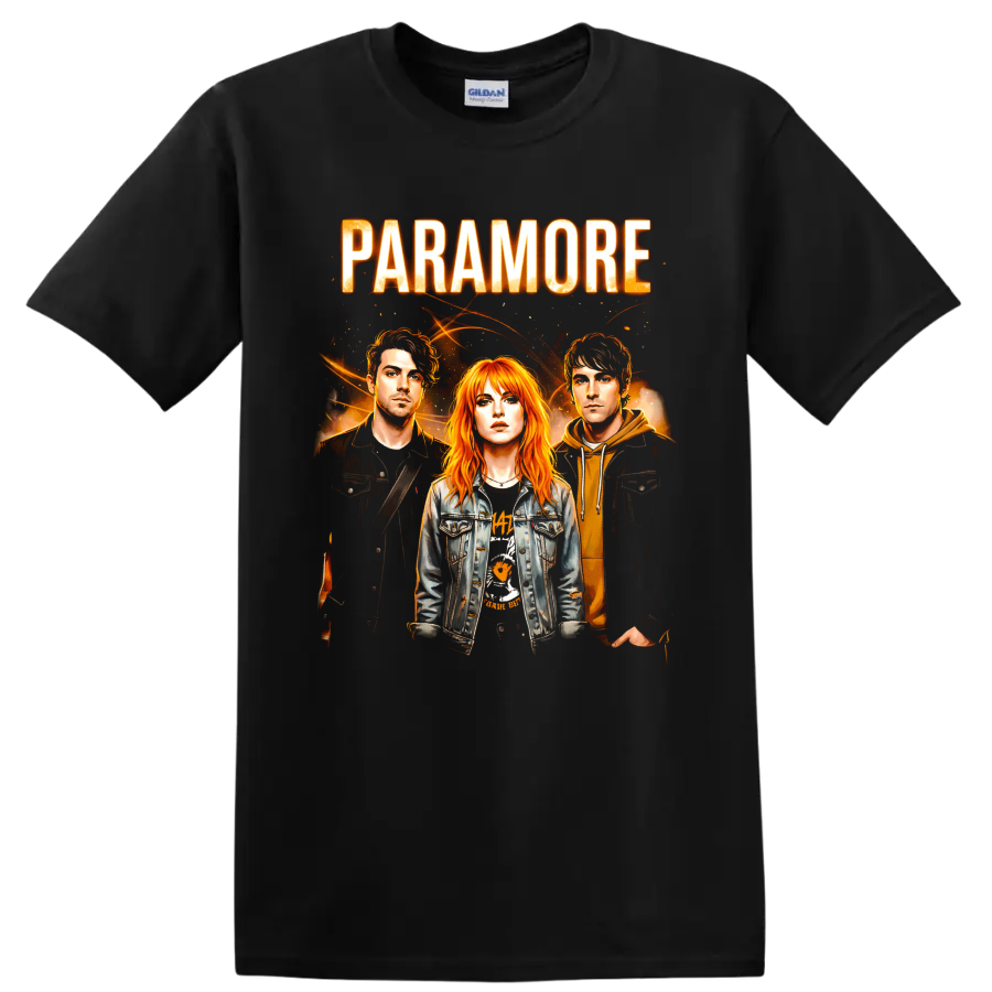 Paramore band portrait graphic with bold lettering and fiery orange concert-poster style on a Black T Shirt