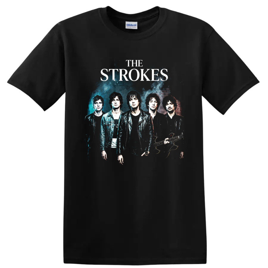 The Strokes distressed indie rock band poster graphic on a Black T Shirt