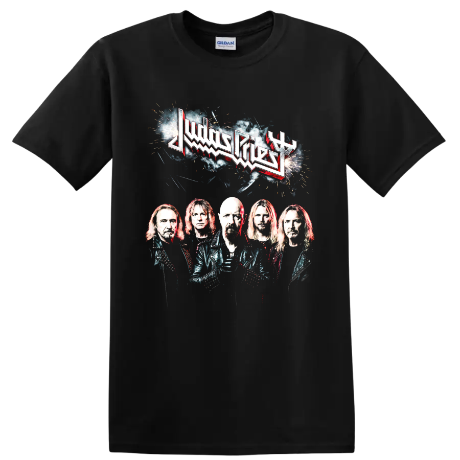 Judas Priest heavy metal band logo and portrait graphic print on a Black T Shirt
