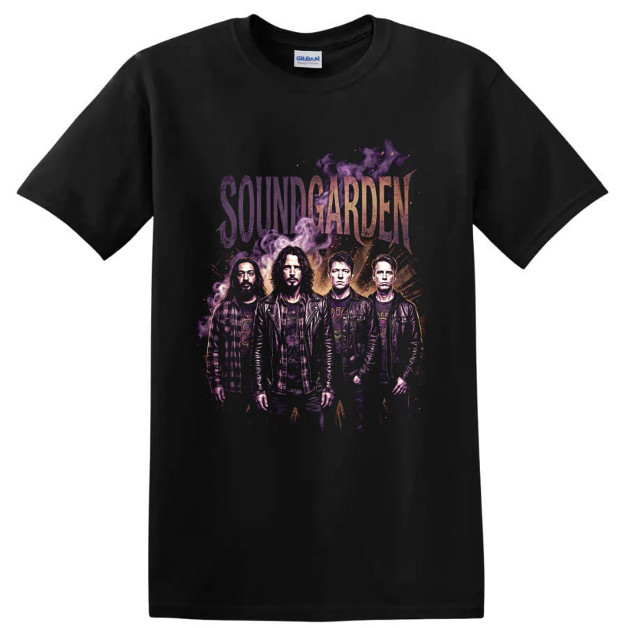 Soundgarden grunge band portrait with purple smoke and distressed lettering on a Black T Shirt
