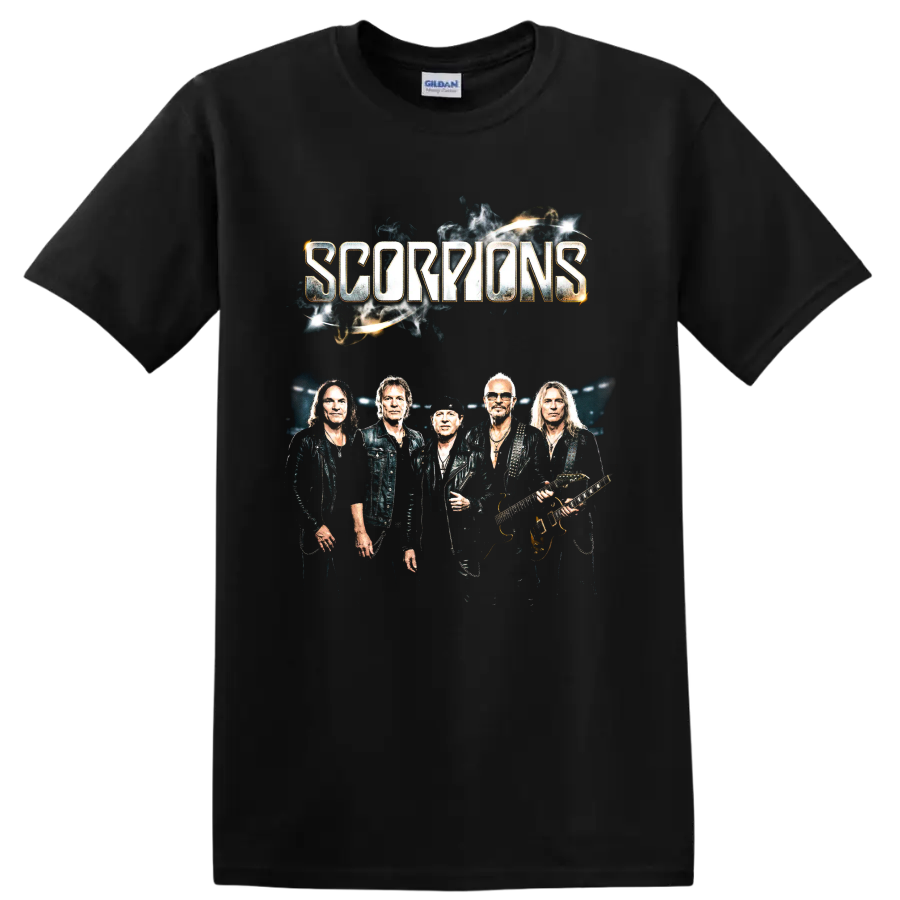 Scorpions band member portrait with guitars and distressed lettering on a Black T Shirt