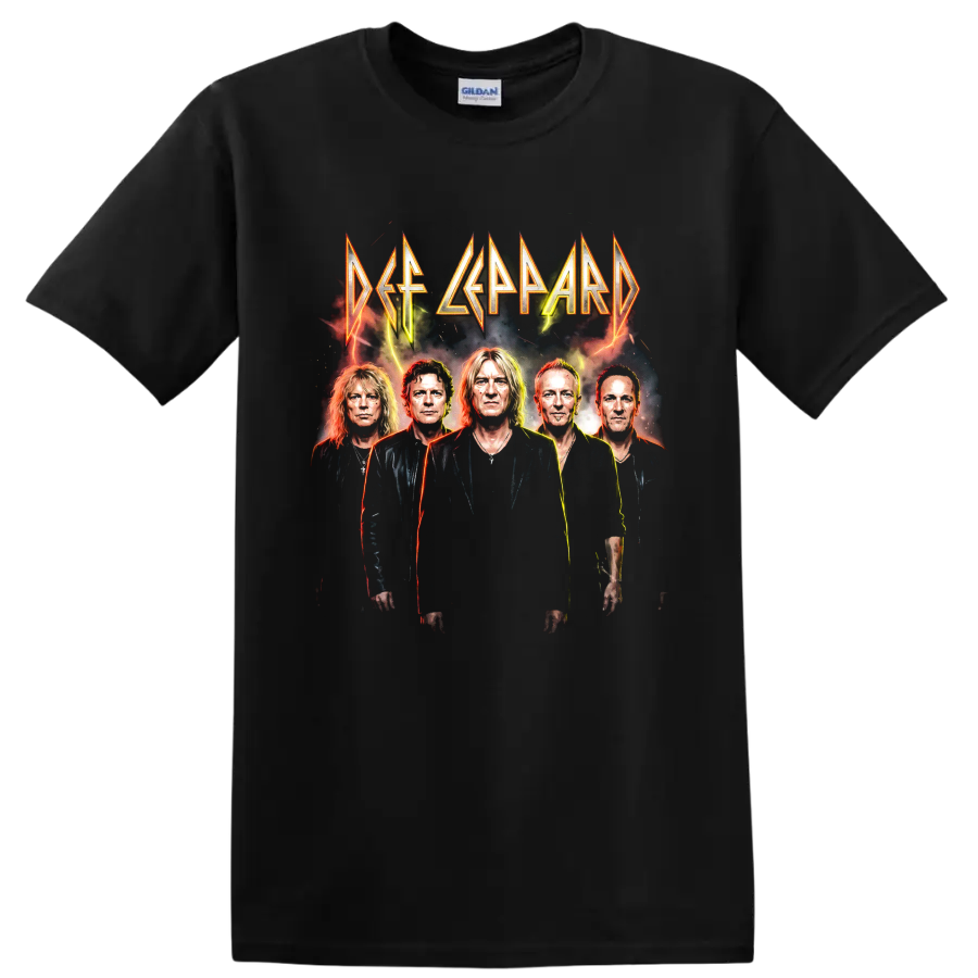 Def Leppard five-member portrait with angular lettering and lightning graphic on a Black T Shirt