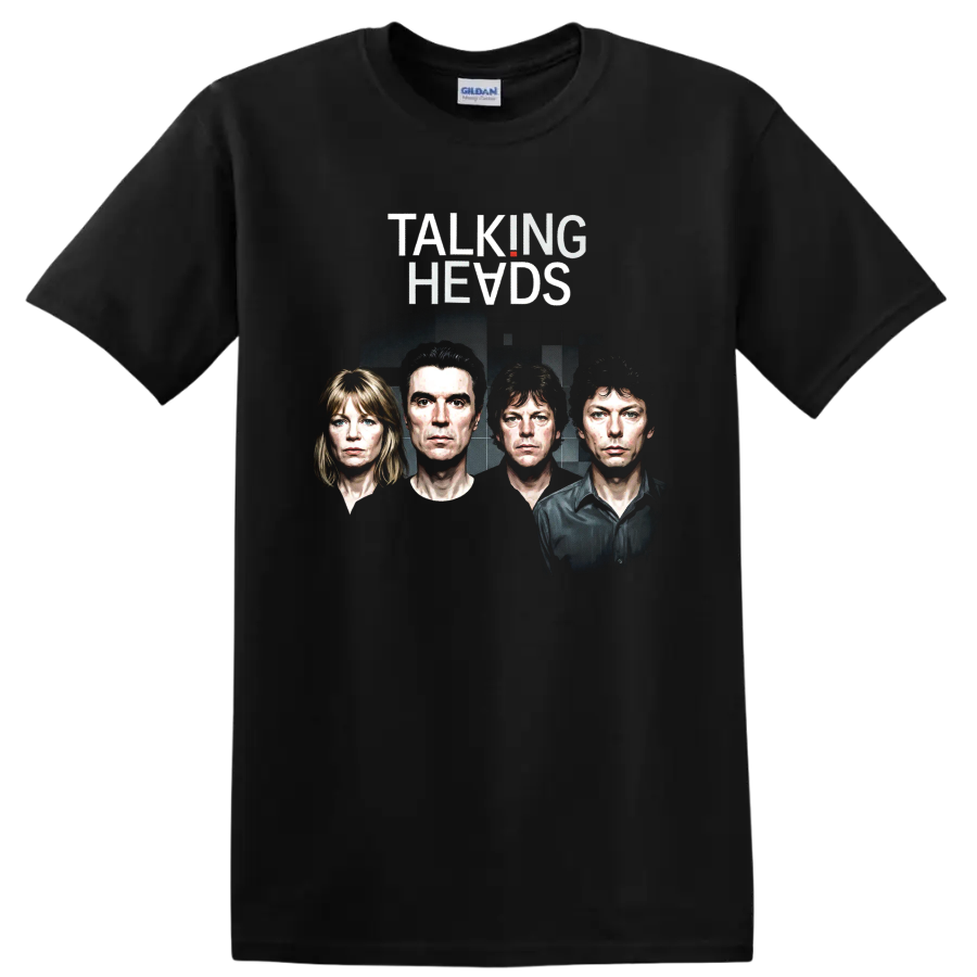 Talking Heads rock poster art with four illustrated portraits on a Black T Shirt