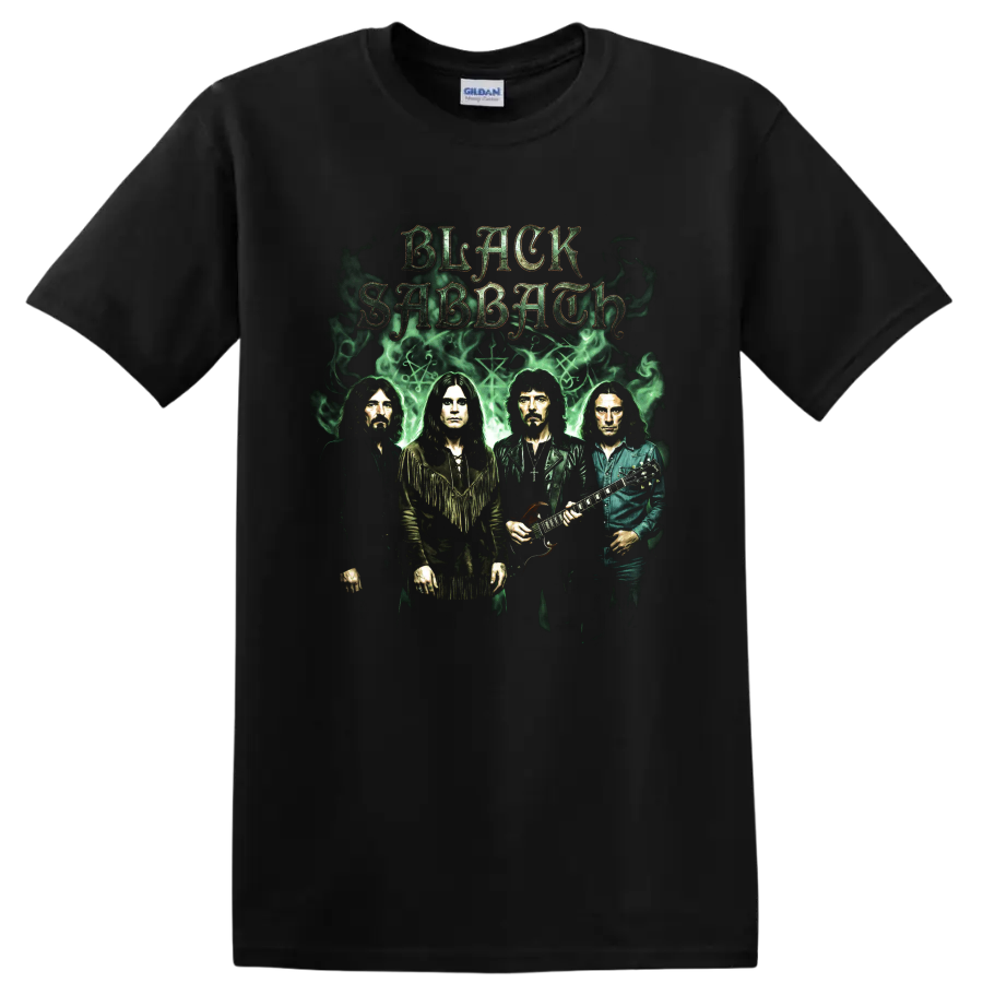 Black Sabbath band portraits with gothic lettering and green smoke on a Black T Shirt