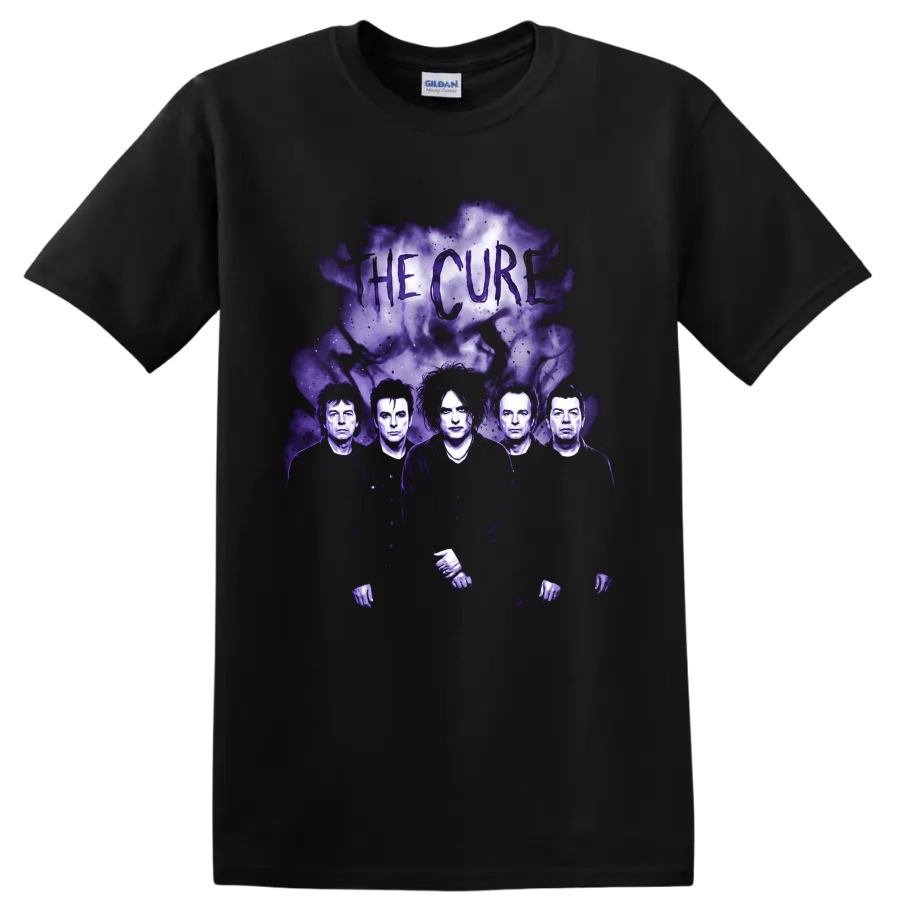 The Cure Robert Smith gothic rock band portrait with purple smoke on a Black T Shirt