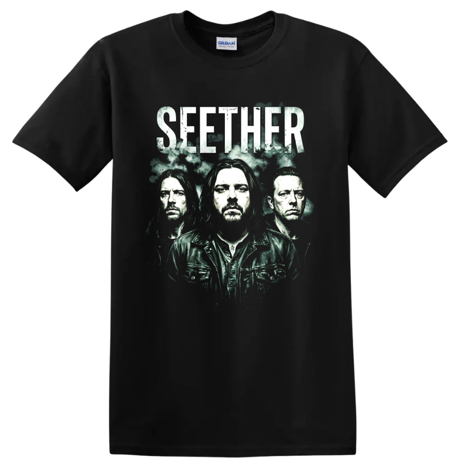 Seether alternative rock band portrait graphic with distressed SEETHER text on a Black T Shirt
