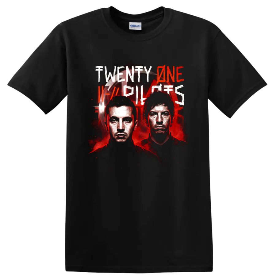 Twenty One Pilots alternative rock poster graphic with two illustrated portraits on a Black T Shirt
