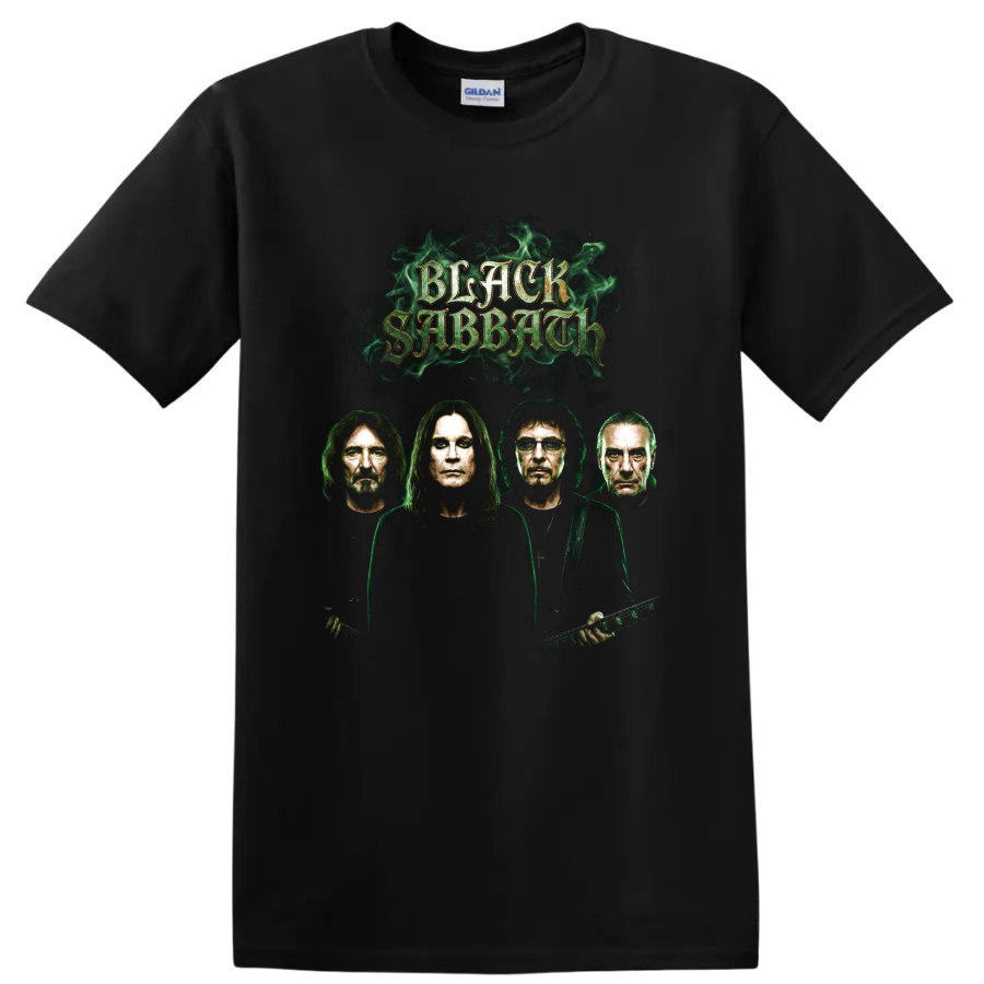 Black Sabbath Bloody Sabbath-inspired gothic band portrait graphic with green smoke on a Black T Shirt