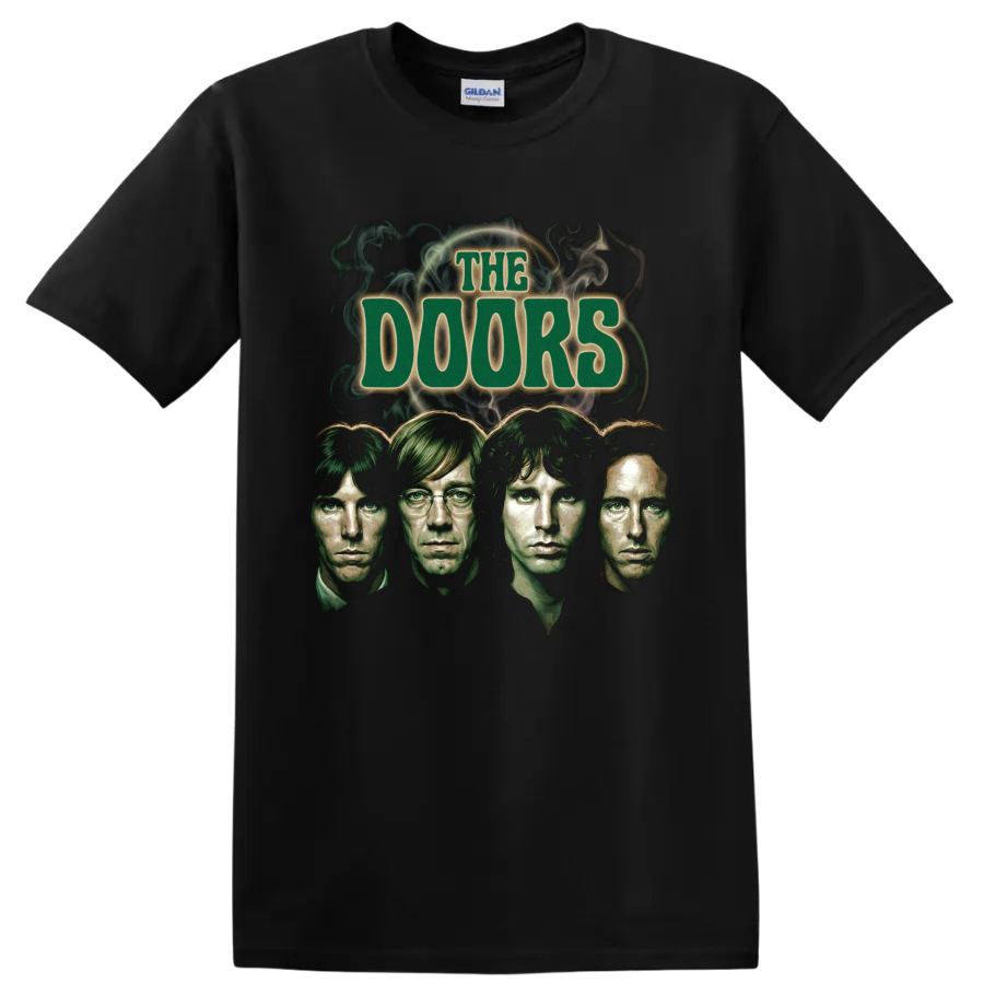 The Doors psychedelic rock graphic with four portraits and smoke on a Black T Shirt
