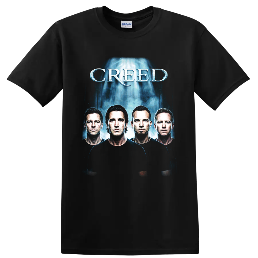 Creed post-grunge band portrait graphic with bold white lettering on a Black T Shirt