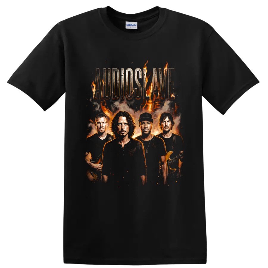 Audioslave rock band portrait graphic with flames, guitars, and distressed lettering on a Black T Shirt