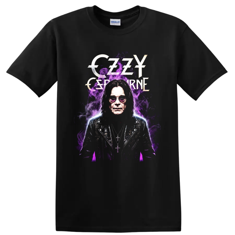 Ozzy Osbourne Black Sabbath portrait with purple smoke and gothic lettering on a Black T Shirt
