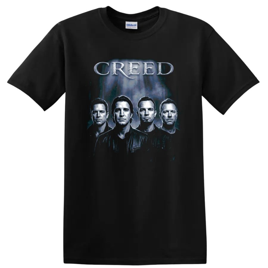 Creed band portrait graphic with metallic CREED lettering on a Black T Shirt