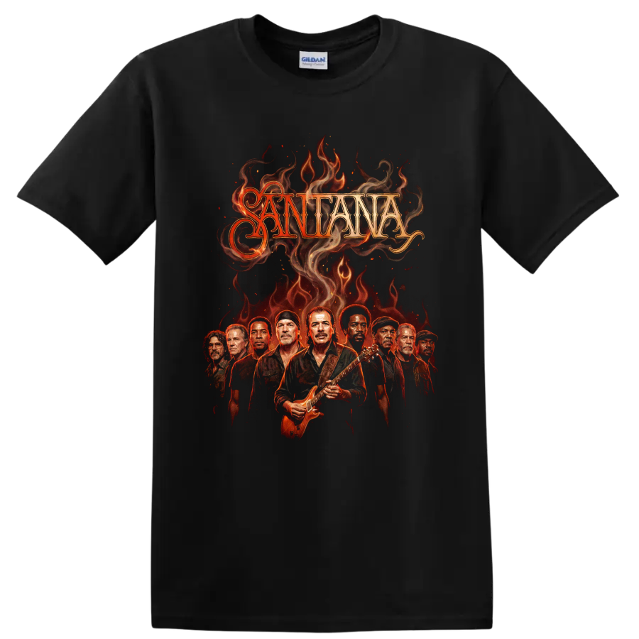 Santana Carlos Santana fiery Latin rock guitar performance graphic on a Black T Shirt