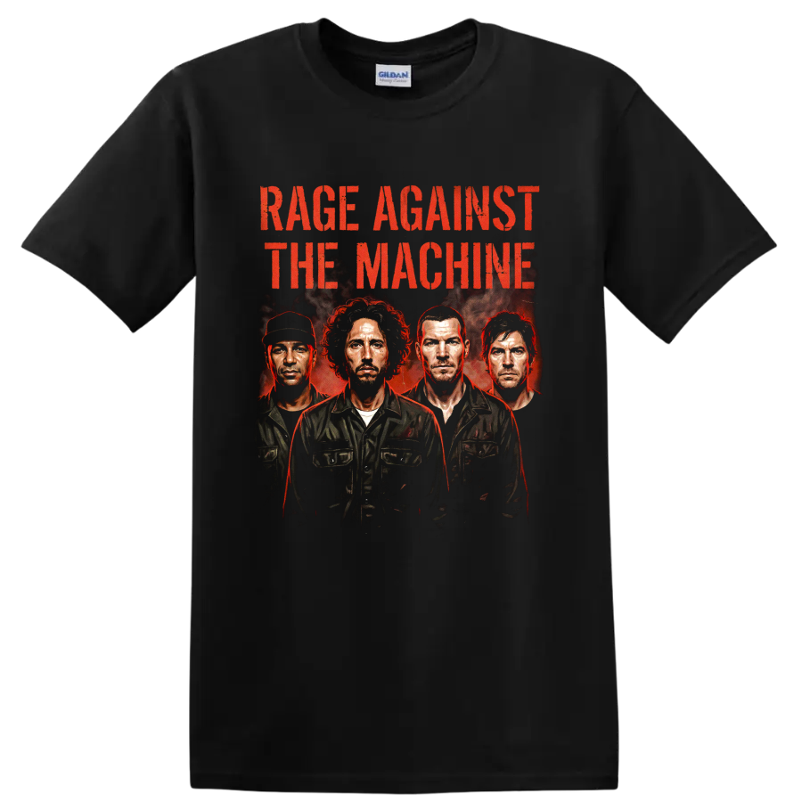 Rage Against the Machine vintage 1999 poster with four portraits and red text on a Black T Shirt