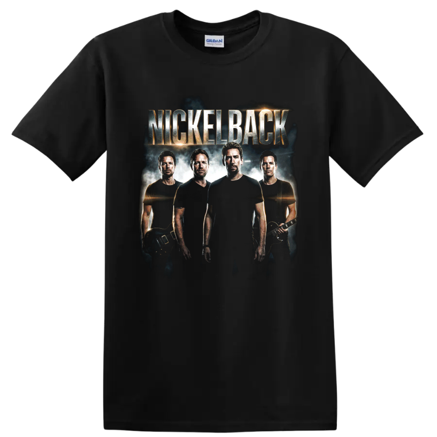 Ryan Peake Nickelback rock band portrait with guitars and NICKELBACK text on a Black T Shirt